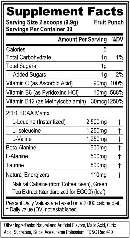 Evlution EVL BCAA Energy Powder for Muscle Recovery and Endurance - Natural Caffeinated Post Workout Drink - Fruit Punch Flavor