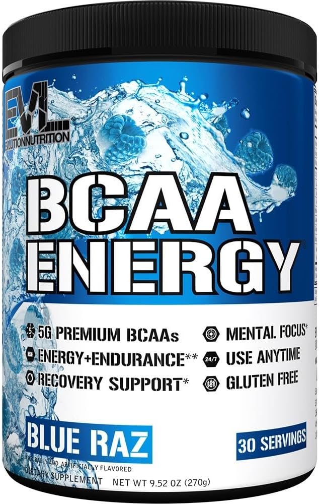 Evlution EVL BCAAs Amino Acids Powder - Energizing BCAA Pre Workout & Post Workout Drink - Muscle Recovery, Growth & Endurance Support - Blue Raz Flavor with Natural Caffeine