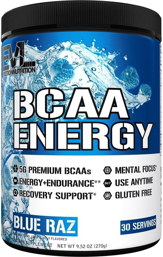 Evlution EVL BCAAs Amino Acids Powder - Energizing BCAA Pre Workout & Post Workout Drink - Muscle Recovery, Growth & Endurance Support - Blue Raz Flavor with Natural Caffeine