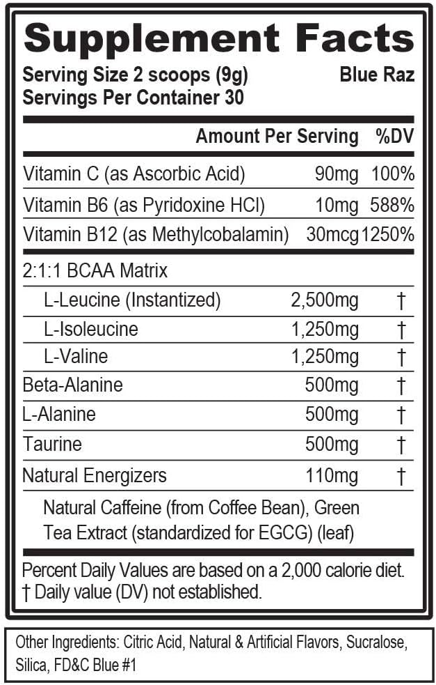 Evlution EVL BCAAs Amino Acids Powder - Energizing BCAA Pre Workout & Post Workout Drink - Muscle Recovery, Growth & Endurance Support - Blue Raz Flavor with Natural Caffeine