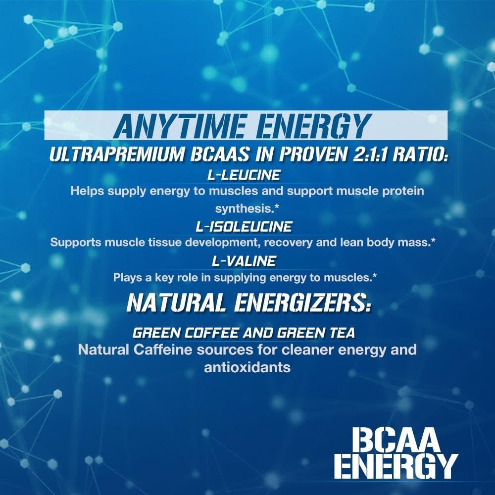 Evlution EVL BCAAs Amino Acids Powder - Energizing BCAA Pre Workout & Post Workout Drink - Muscle Recovery, Growth & Endurance Support - Blue Raz Flavor with Natural Caffeine