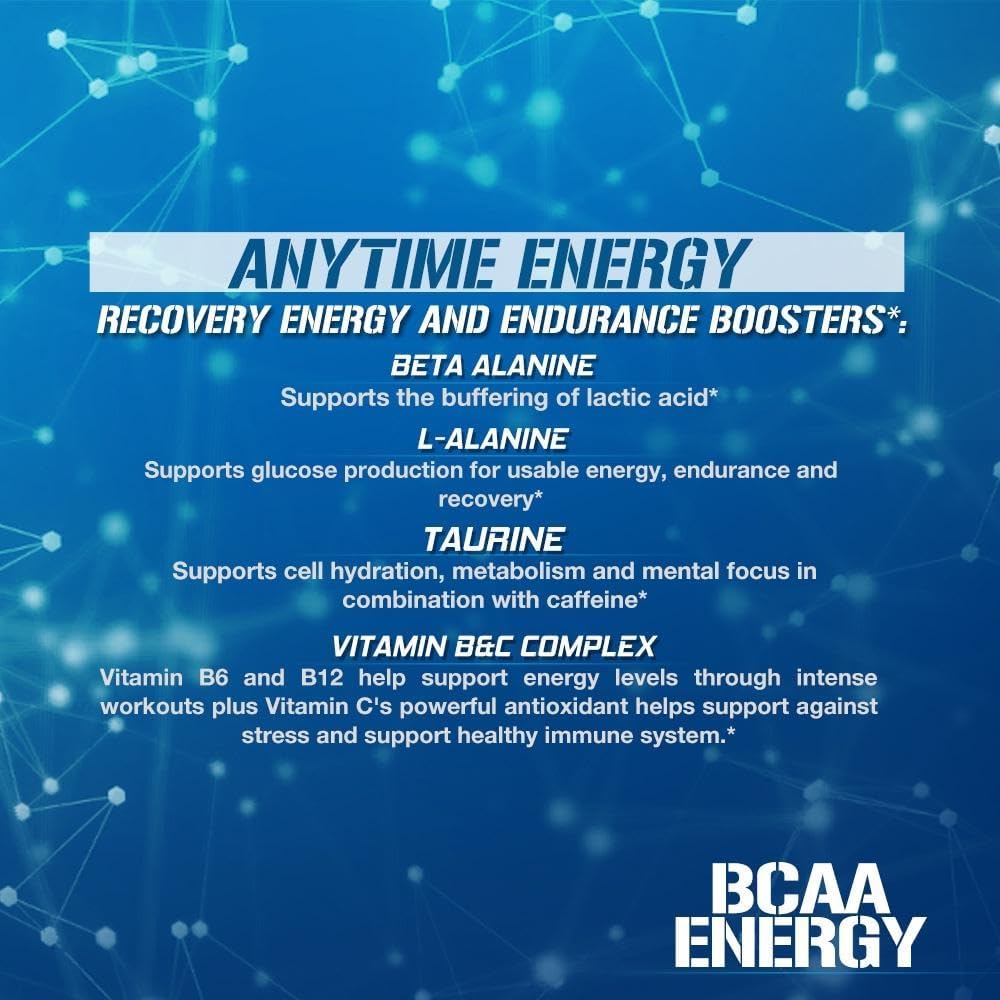 Evlution EVL BCAAs Amino Acids Powder - Energizing BCAA Pre Workout & Post Workout Drink - Muscle Recovery, Growth & Endurance Support - Blue Raz Flavor with Natural Caffeine