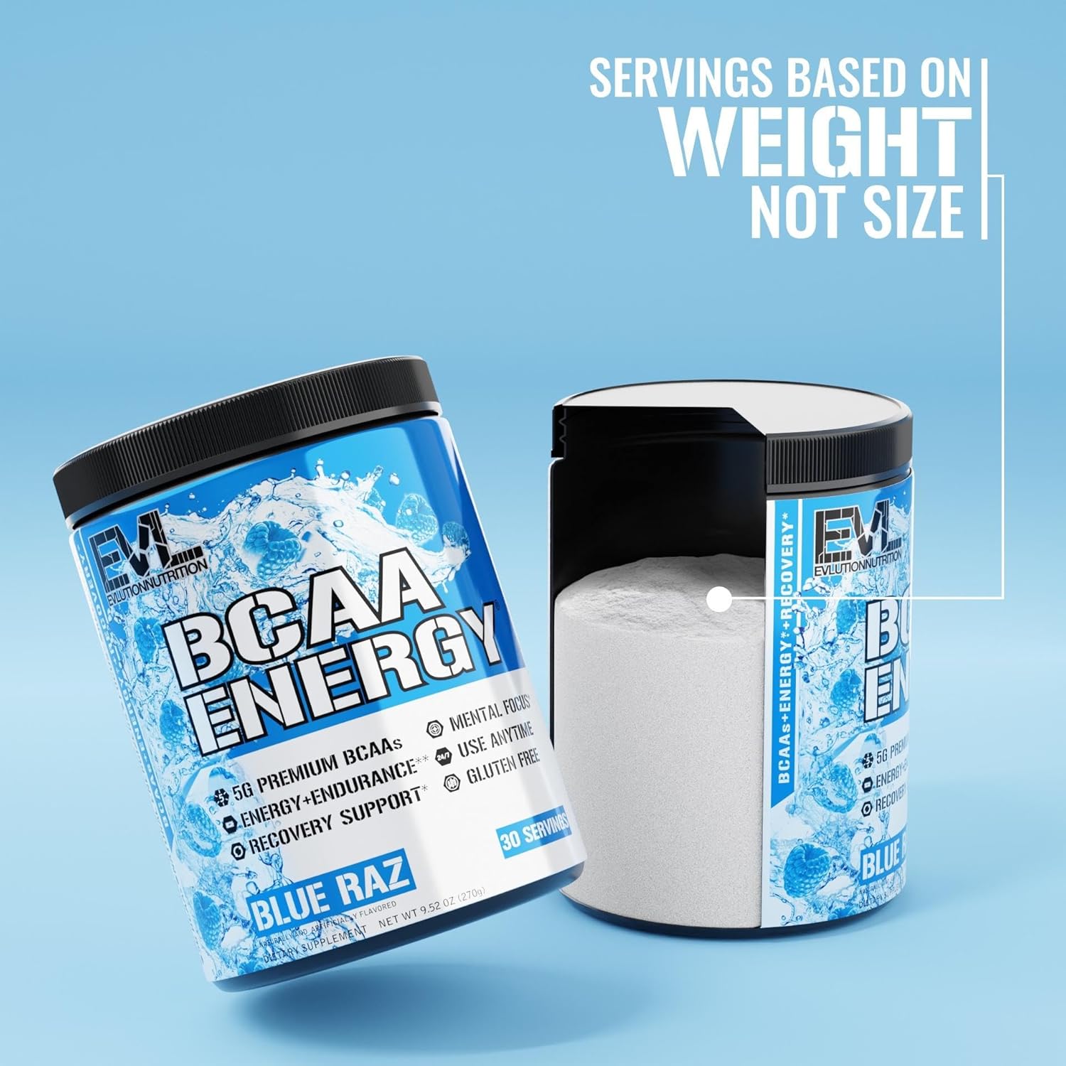 Evlution EVL BCAAs Amino Acids Powder - Energizing BCAA Pre Workout & Post Workout Drink - Muscle Recovery, Growth & Endurance Support - Blue Raz Flavor with Natural Caffeine