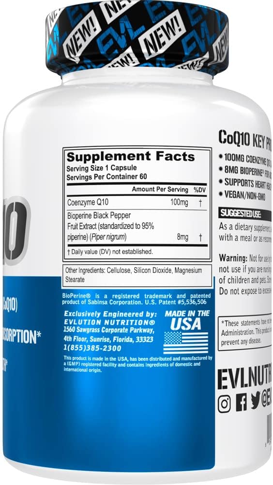 Evlution EVL High Absorption CoQ10 100mg with Bioperine - Antioxidant Supplement for Brain Health, Energy, and Aging