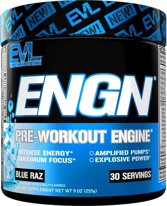 Evlution EVL Intense Pre Workout Powder - ENGN Energizing Drink for Men with Creatine for Energy, Focus, and Recovery - Blue Raz Flavor