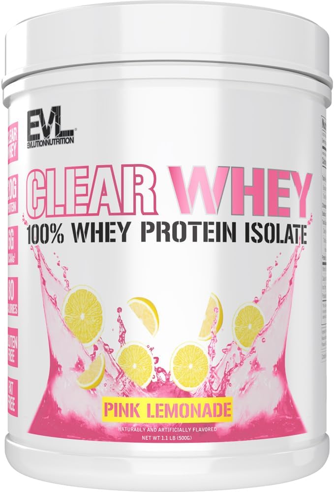 Evlution Nutrition Clear Whey Protein Isolate - Pink Lemonade Flavor - 20g Protein Per Serving - Fast Absorbing Formula for Muscle Growth and Recovery
