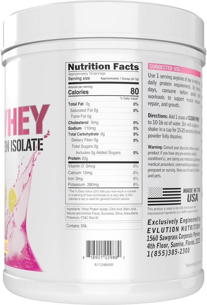 Evlution Nutrition Clear Whey Protein Isolate - Pink Lemonade Flavor - 20g Protein Per Serving - Fast Absorbing Formula for Muscle Growth and Recovery