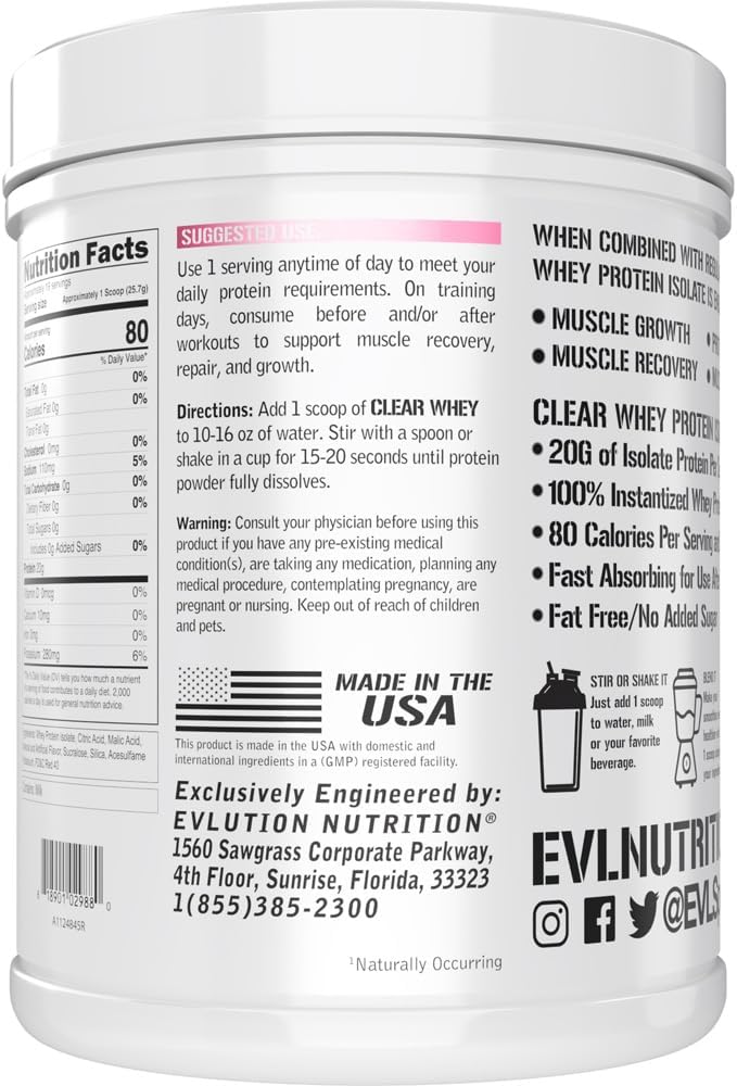 Evlution Nutrition Clear Whey Protein Isolate - Pink Lemonade Flavor - 20g Protein Per Serving - Fast Absorbing Formula for Muscle Growth and Recovery
