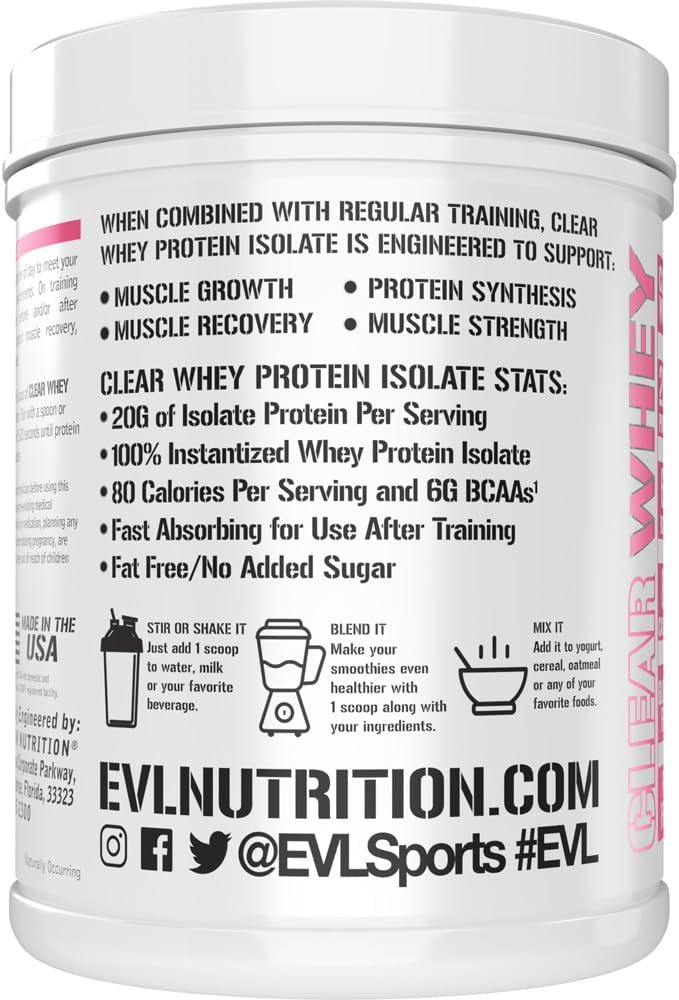 Evlution Nutrition Clear Whey Protein Isolate - Pink Lemonade Flavor - 20g Protein Per Serving - Fast Absorbing Formula for Muscle Growth and Recovery