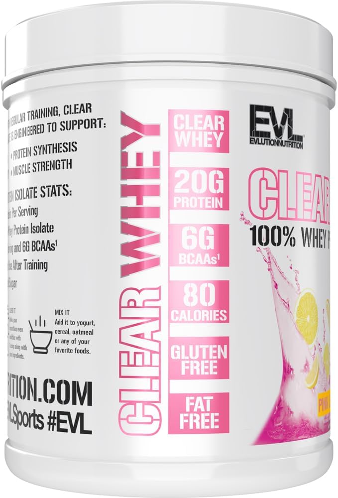 Evlution Nutrition Clear Whey Protein Isolate - Pink Lemonade Flavor - 20g Protein Per Serving - Fast Absorbing Formula for Muscle Growth and Recovery