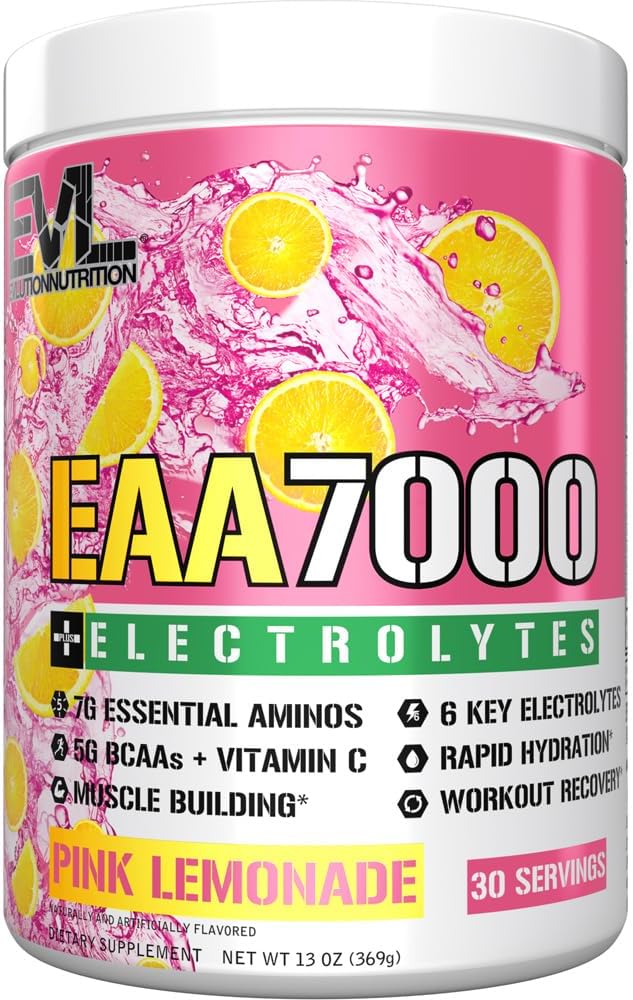 Evlution Nutrition EAA7000 + Electrolytes Powder - Muscle Building & Recovery Supplement with EAAs, BCAAs, and Electrolytes - Pink Lemonade Flavor - 30 Servings