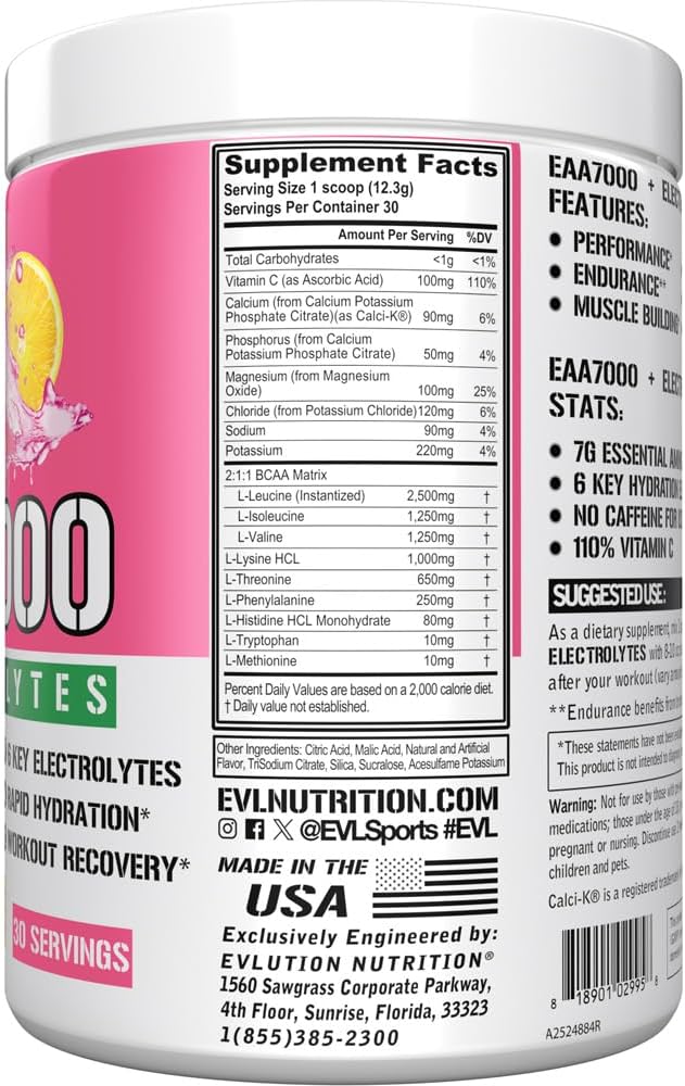 Evlution Nutrition EAA7000 + Electrolytes Powder - Muscle Building & Recovery Supplement with EAAs, BCAAs, and Electrolytes - Pink Lemonade Flavor - 30 Servings