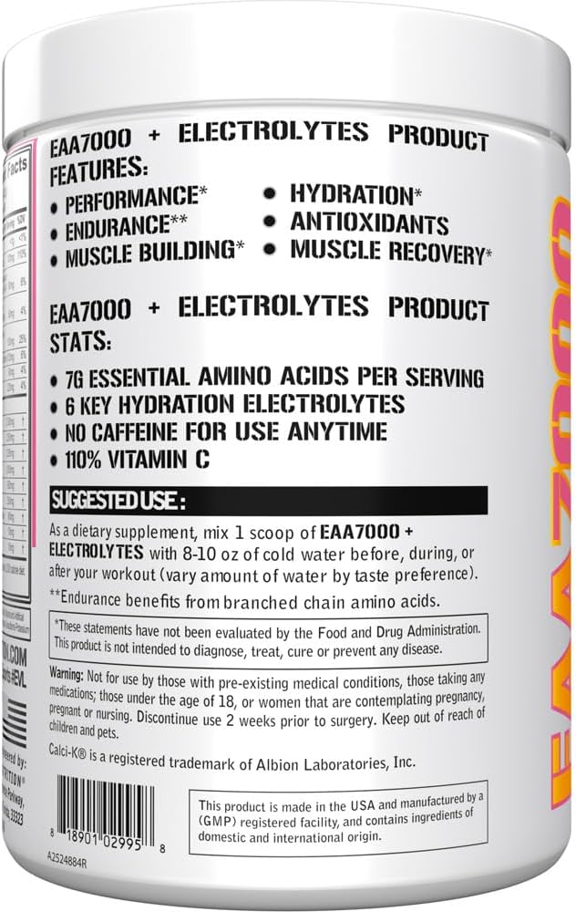 Evlution Nutrition EAA7000 + Electrolytes Powder - Muscle Building & Recovery Supplement with EAAs, BCAAs, and Electrolytes - Pink Lemonade Flavor - 30 Servings