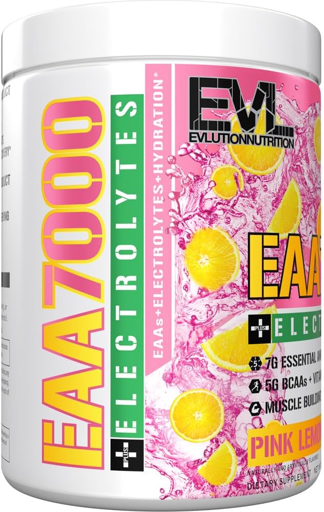 Evlution Nutrition EAA7000 + Electrolytes Powder - Muscle Building & Recovery Supplement with EAAs, BCAAs, and Electrolytes - Pink Lemonade Flavor - 30 Servings