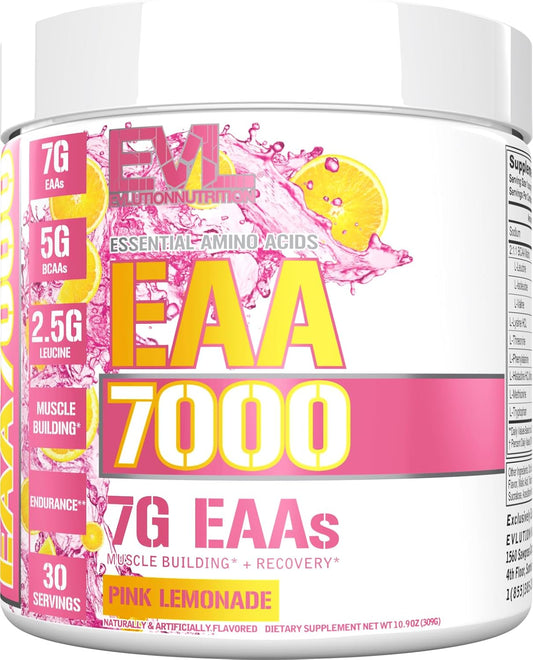 Evlution Nutrition EAA7000 Pink Lemonade Powder - Muscle Building & Recovery Supplement with BCAAs - 30 Servings