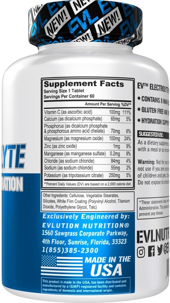 Evlution Nutrition Electrolyte Hydration Tablets - Rapid Rehydration Supplement - Vegan, Gluten-Free, Keto Friendly - 60 Servings