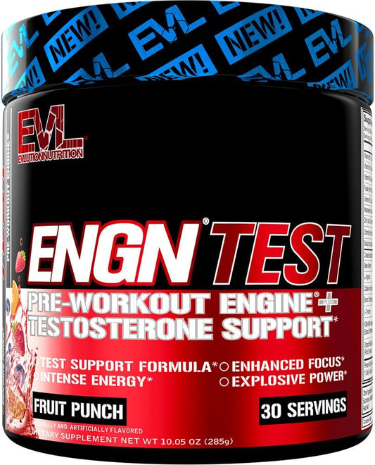 Evlution Nutrition ENGN Test Pre-Workout Powder - Test Support Formula - Boost Energy & Focus - with Creatine, Beta-Alanine, & Caffeine - Fruit Punch Flavor - 30 Servings