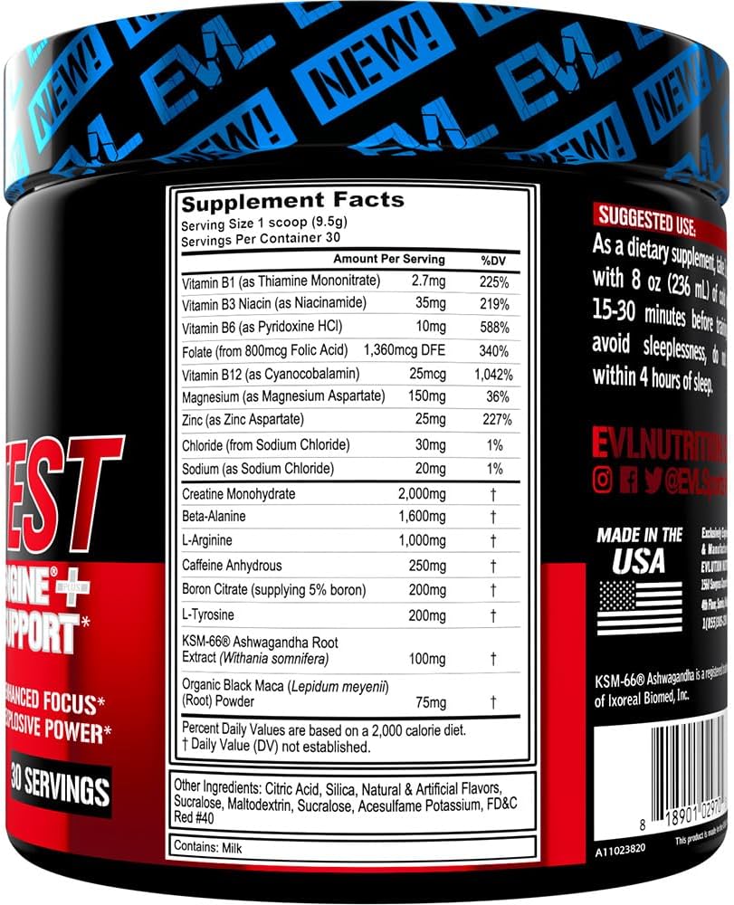 Evlution Nutrition ENGN Test Pre-Workout Powder - Test Support Formula - Boost Energy & Focus - with Creatine, Beta-Alanine, & Caffeine - Fruit Punch Flavor - 30 Servings