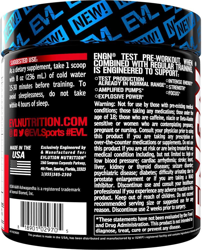 Evlution Nutrition ENGN Test Pre-Workout Powder - Test Support Formula - Boost Energy & Focus - with Creatine, Beta-Alanine, & Caffeine - Fruit Punch Flavor - 30 Servings