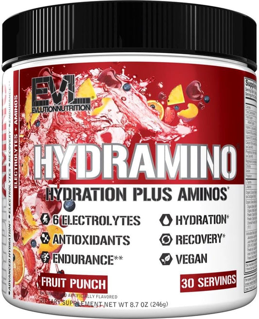 Evlution Nutrition HYDRAMINO Complete Hydration Multiplier with Electrolytes, Vitamins, Aminos, Coconut Water - 30 Servings, Fruit Punch Flavor
