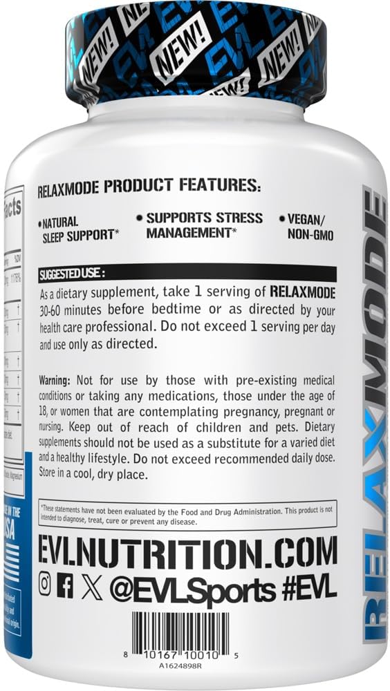 Evlution Nutrition RelaxMode: Natural Sleep Support with L-Theanine & Valerian Root Extract - Vegan & Non-GMO Dietary Supplement - 45 Servings