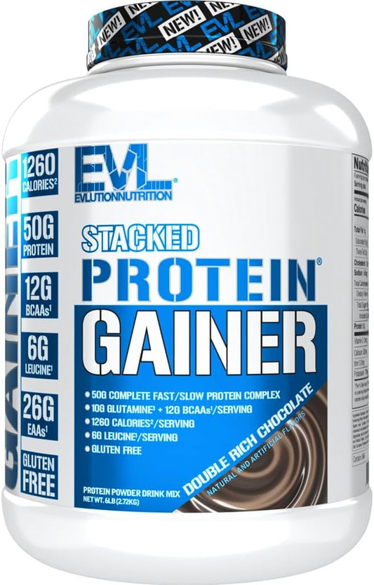 Evlution Nutrition Stacked Protein Gainer - Double Rich Chocolate, 6 LB - 50g Whey Protein, 251g Carbs, Muscle Building, Recovery, Post Workout, Gluten-Free