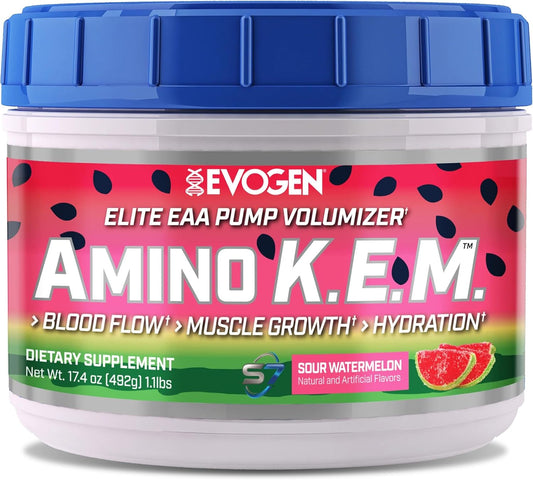 Evogen Amino K.E.M. - EAA & BCAA Powder Pump Volumizer for Blood Flow, Muscle Growth, & Hydration - Sour Watermelon, 30 Servings