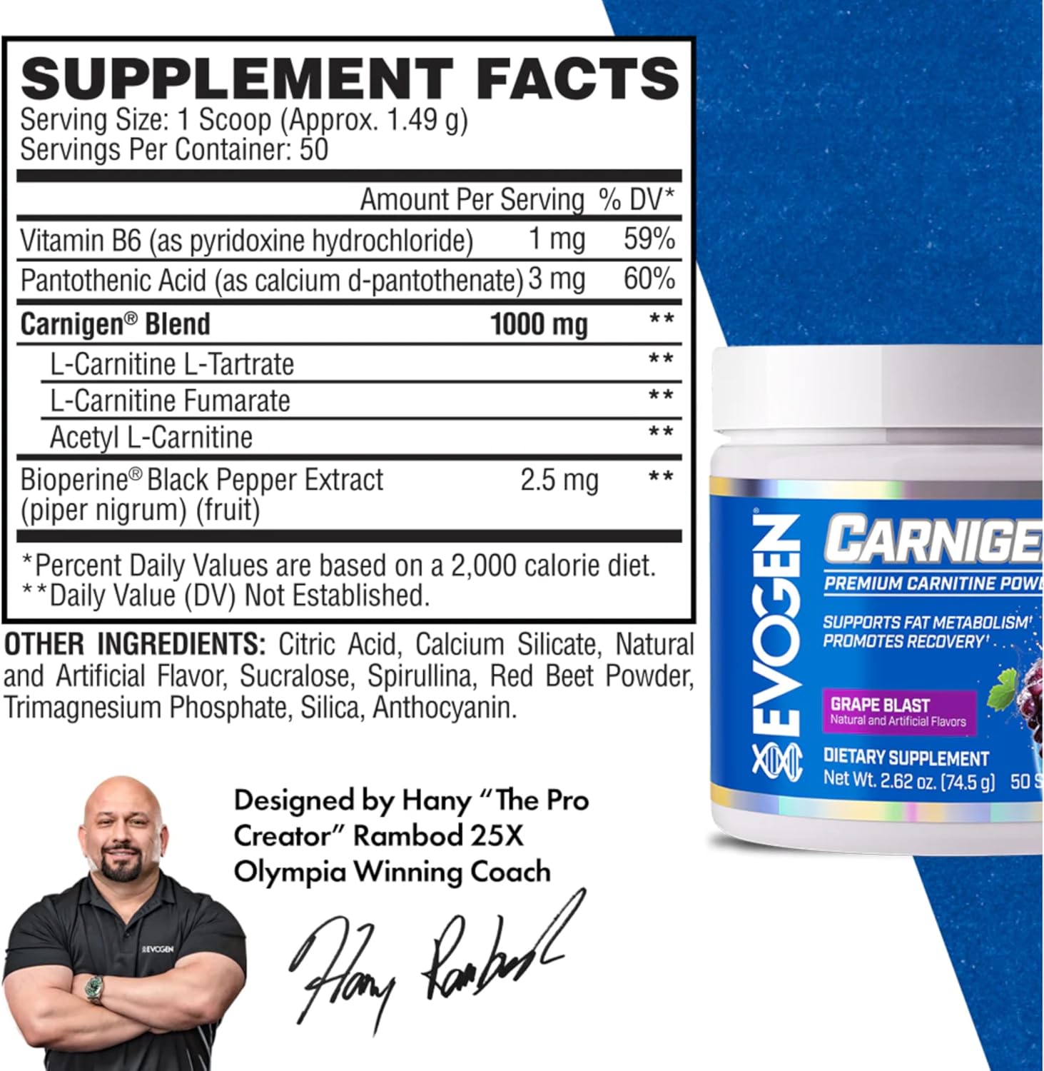 Evogen Carnigen Grape Flavor L-Carnitine Powder - Stimulant-Free Supplement for Fat Metabolism and Recovery - 50 Servings