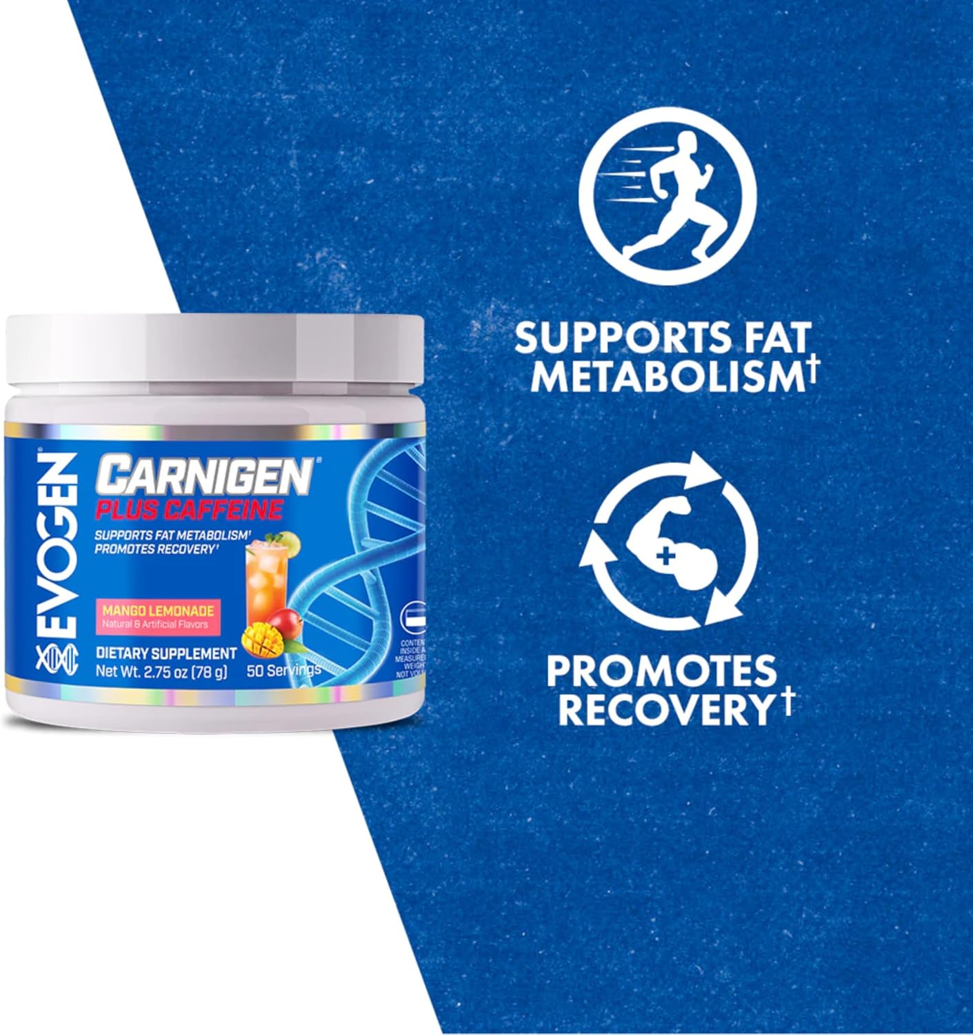 Evogen Carnigen Plus Caffeine - Mango Lemonade L Carnitine Powder for Fat Metabolism & Recovery - 50 Servings