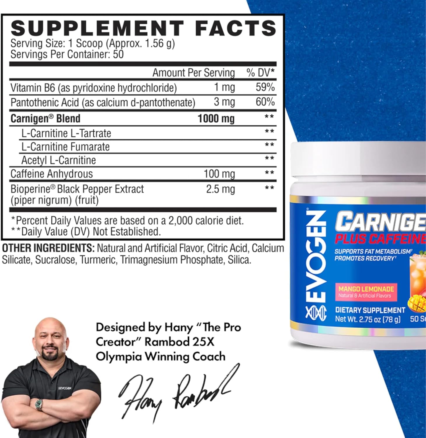 Evogen Carnigen Plus Caffeine - Mango Lemonade L Carnitine Powder for Fat Metabolism & Recovery - 50 Servings