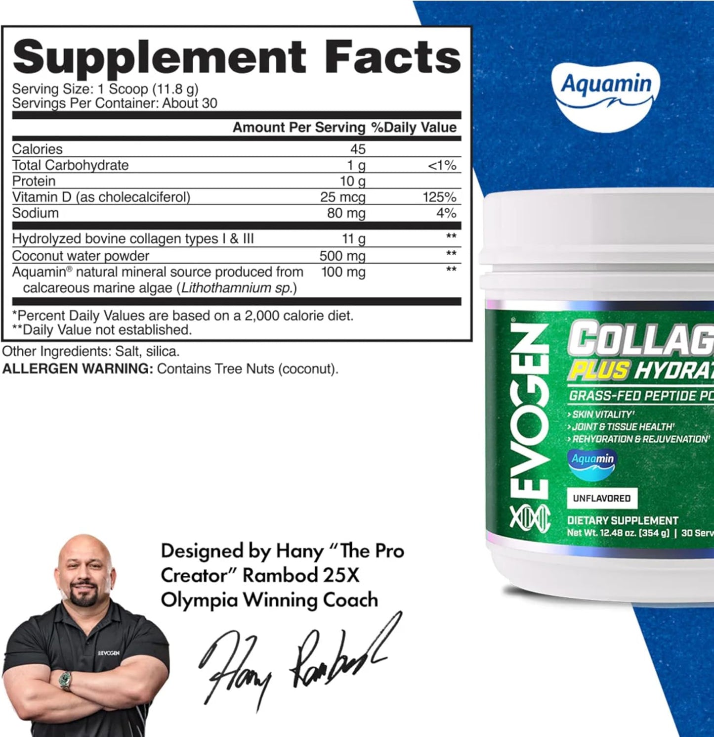 Evogen Collagen Plus Hydration Powder - Grass-Fed Collagen Peptides for Skin, Joint & Tissue Health - Unflavored - 30 Servings