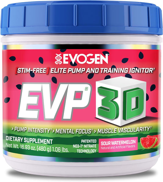 Evogen EVP 3D Sour Watermelon Pre Workout Powder - Non Stim with Beta Alanine & Creatine for Energy & Pump - 40 Servings