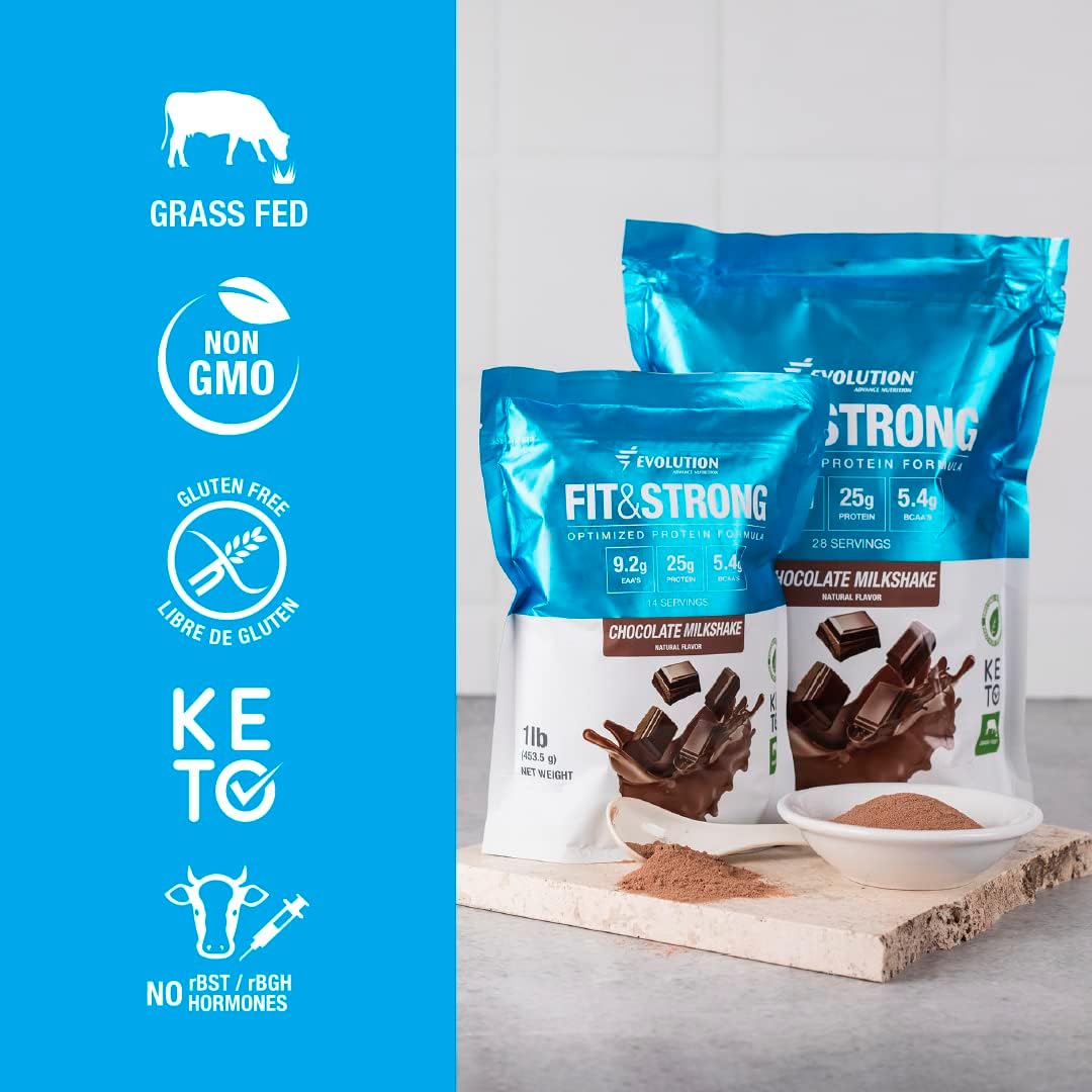 Evolution Advance Sport Nutrition Fit & Strong Whey Protein Powder - Grass-Fed with BCAA for Muscle Recovery, Natural Chocolate Flavor - 2 lbs