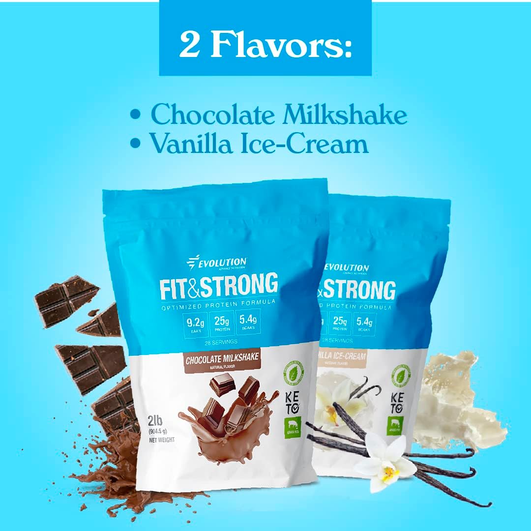 Evolution Advance Sport Nutrition Fit & Strong Whey Protein Powder - Grass-Fed with BCAA for Muscle Recovery, Natural Chocolate Flavor - 2 lbs