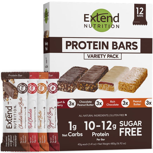 Extend Nutrition High Protein Sugar Free Bars for Hunger Control & Steady Energy - Variety Pack of 12, Keto & Diabetic Friendly