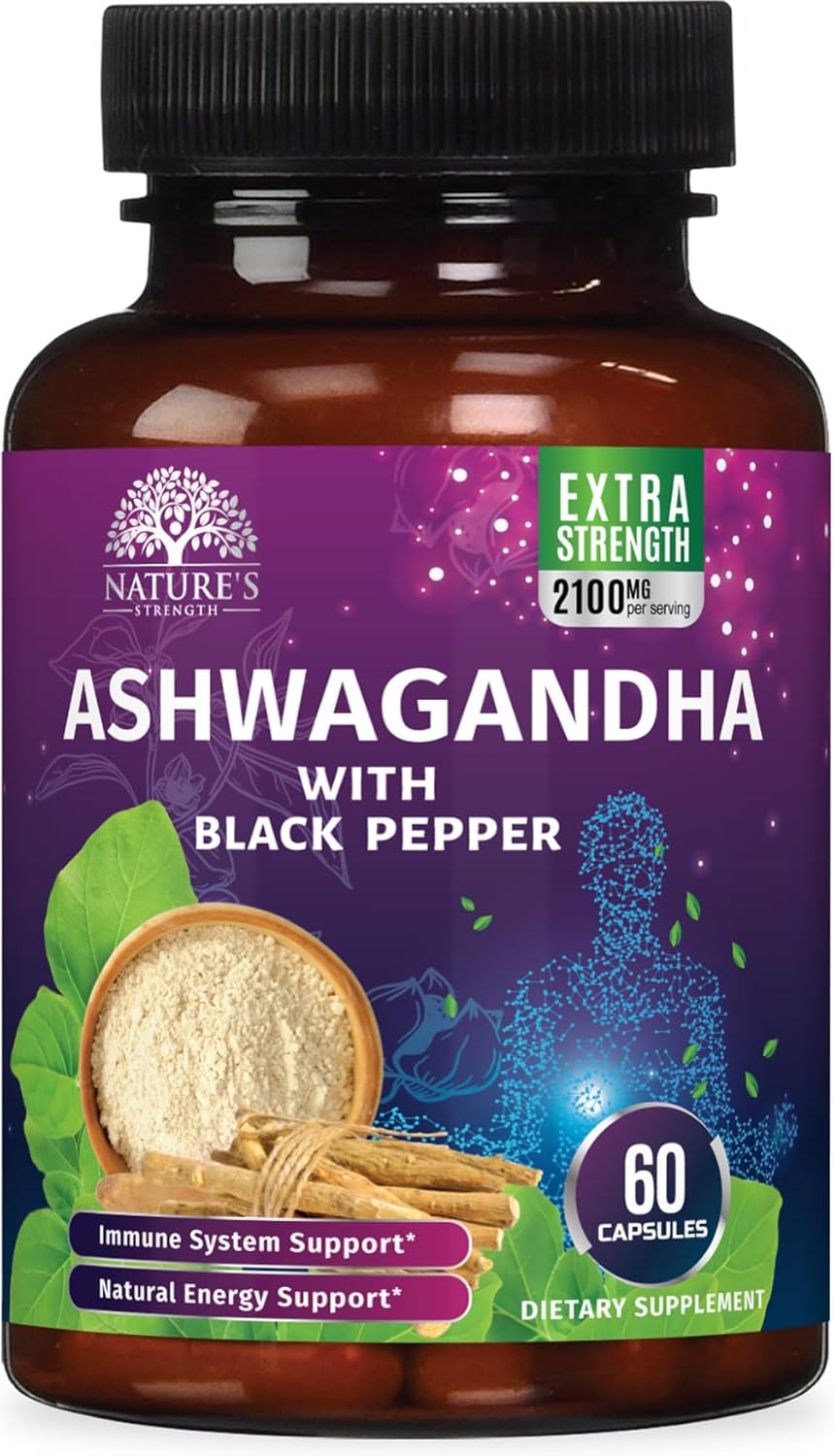 Extra Strength 2100mg Ashwagandha Supplements for Women & Men - Antioxidant Support, Vegan Powder - Non-GMO & Gluten Free - 60 Capsules