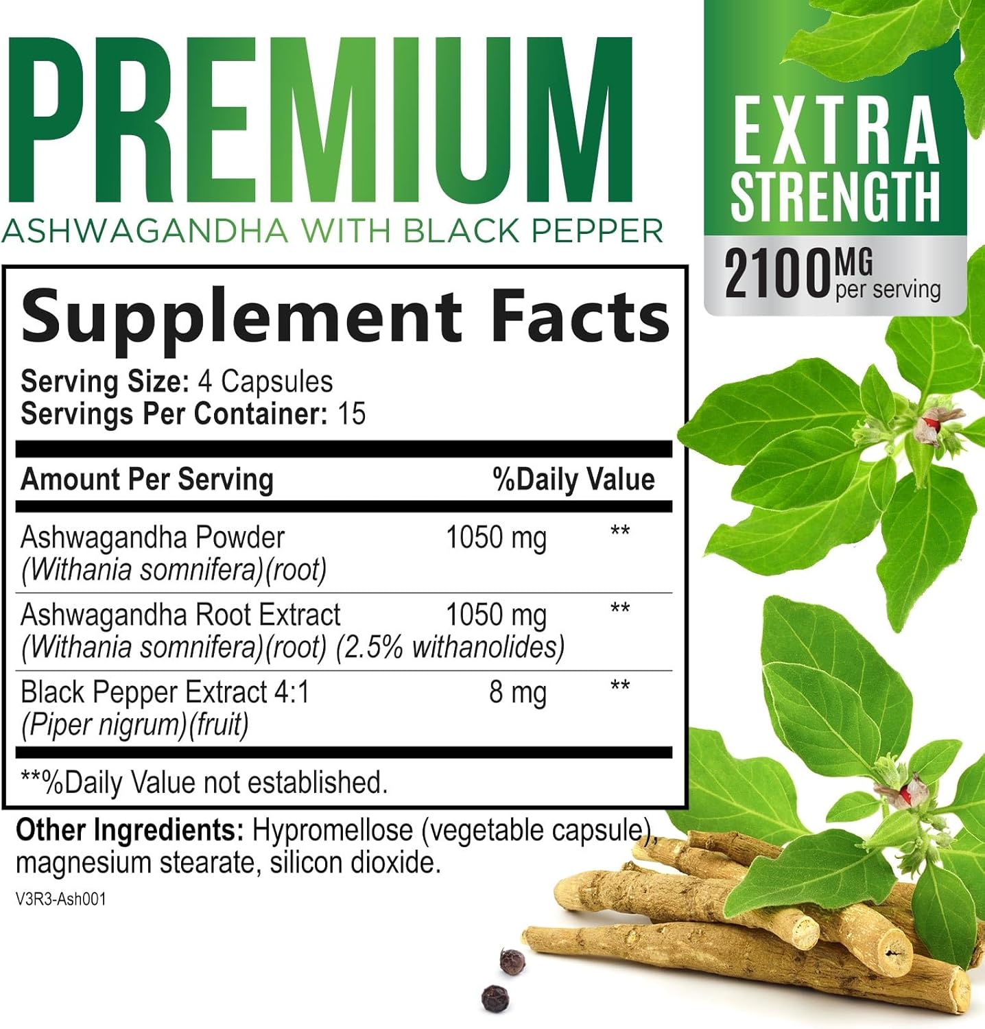Extra Strength 2100mg Ashwagandha Supplements for Women & Men - Antioxidant Support, Vegan Powder - Non-GMO & Gluten Free - 60 Capsules