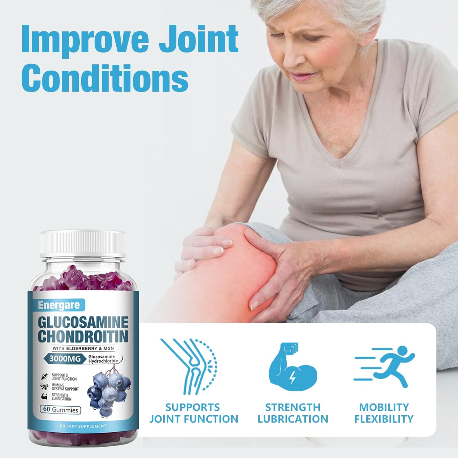 Extra Strength 3000mg Glucosamine Chondroitin with MSM & Elderberry Gummies for Joint Health, Flexibility, and Immune Support - 60 Count Pack for Adults, Men, and Women