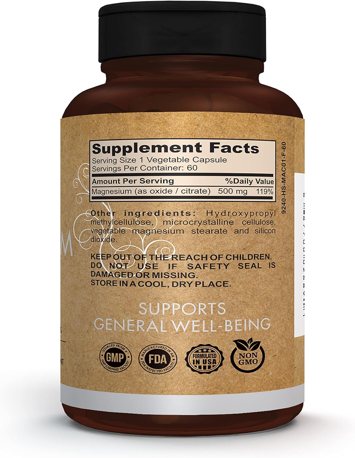 Extra Strength 500mg Magnesium Supplement for Healthy Bones, Sleep, Calm, Muscles, Teeth, Energy, Relaxation - Non-GMO, Vegan - 60 Capsules
