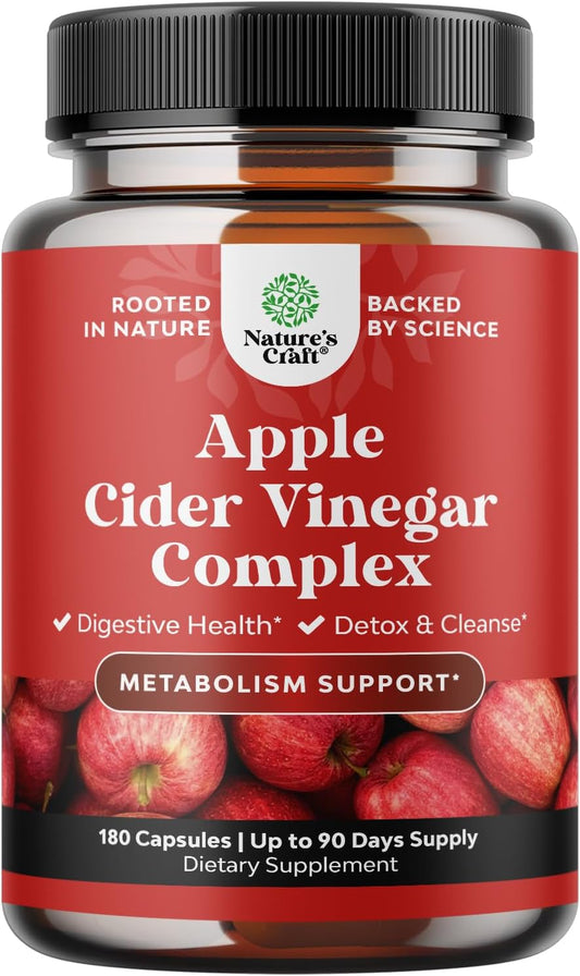 Extra Strength Apple Cider Vinegar Capsules for Gut Cleanse and Detox - 180 Count with Cayenne for Digestive Health - Natures Craft ACV Pills
