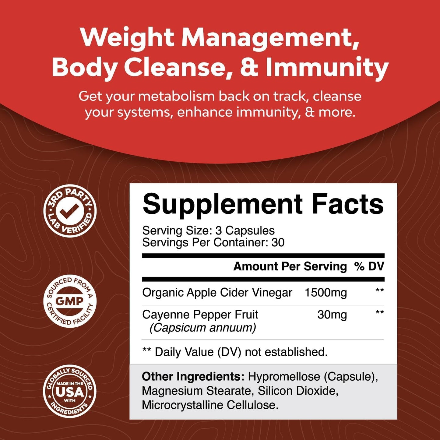 Extra Strength Apple Cider Vinegar Capsules for Gut Cleanse and Full Body Detox - ACV Cleanse and Detox Pills with Cayenne for Digestive Health - Natures Craft (30 Servings)