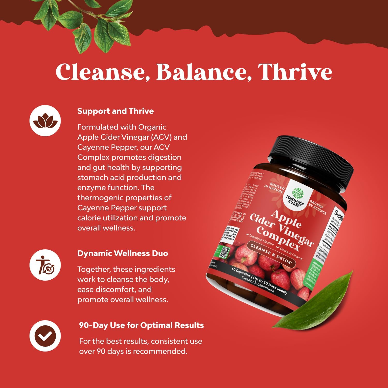Extra Strength Apple Cider Vinegar Capsules for Gut Cleanse and Detox - 180 Count with Cayenne for Digestive Health - Natures Craft ACV Pills
