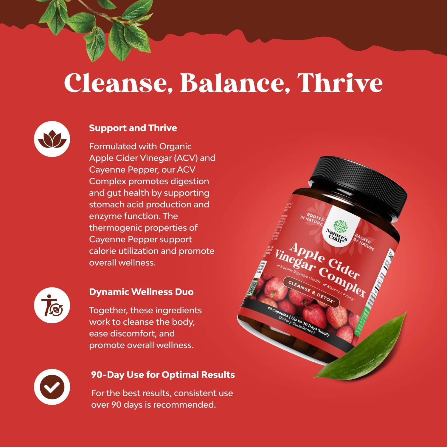 Extra Strength Apple Cider Vinegar Capsules for Gut Cleanse and Full Body Detox - ACV Cleanse and Detox Pills with Cayenne for Digestive Health - Natures Craft (30 Servings)