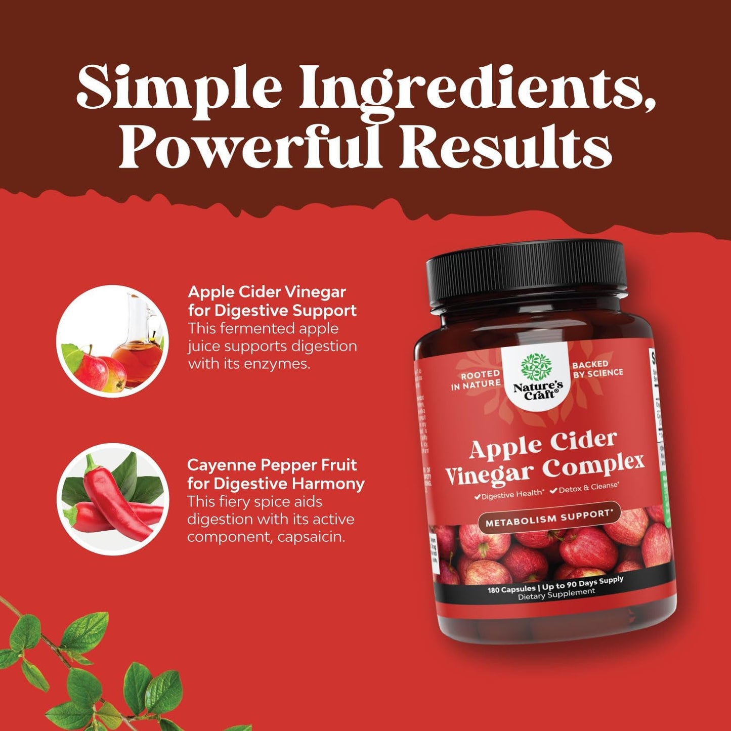 Extra Strength Apple Cider Vinegar Capsules for Gut Cleanse and Detox - 180 Count with Cayenne for Digestive Health - Natures Craft ACV Pills