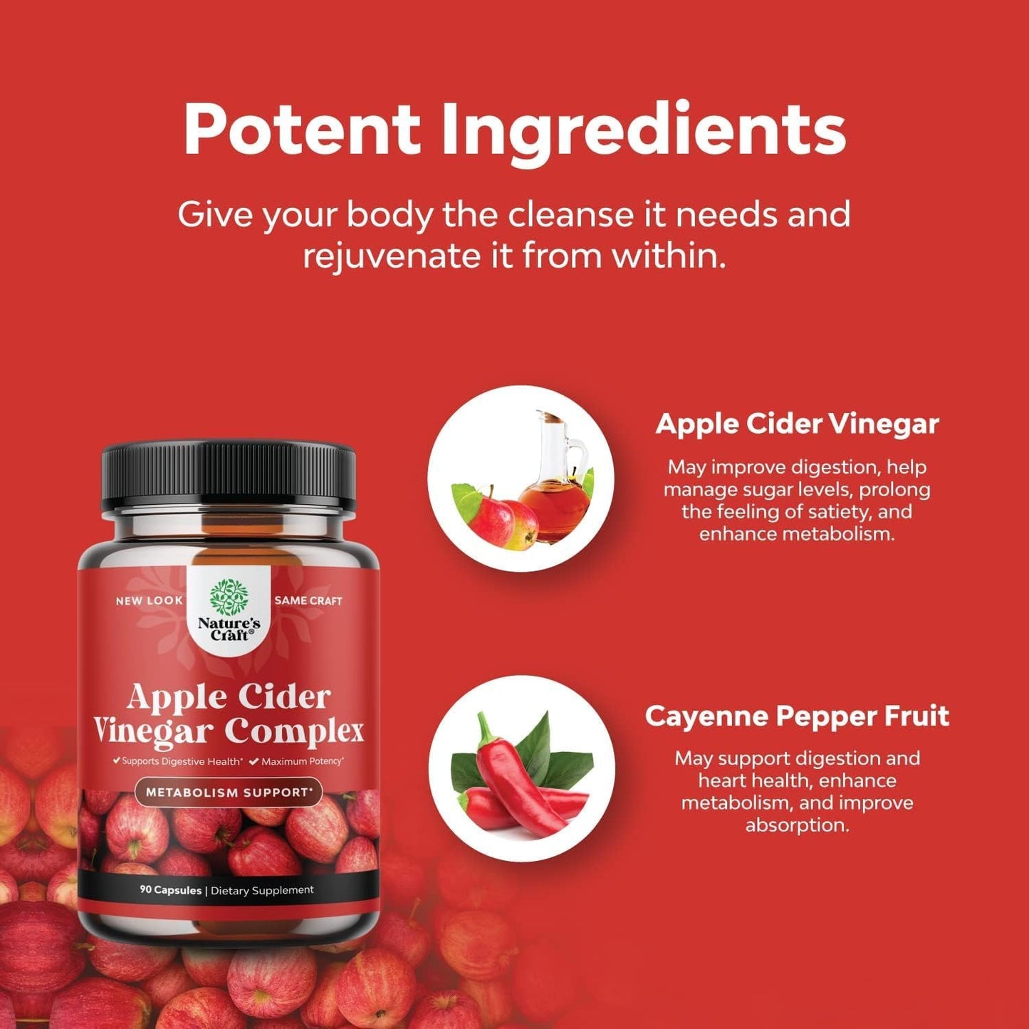 Extra Strength Apple Cider Vinegar Capsules for Gut Cleanse and Full Body Detox - ACV Cleanse and Detox Pills with Cayenne for Digestive Health - Natures Craft (30 Servings)