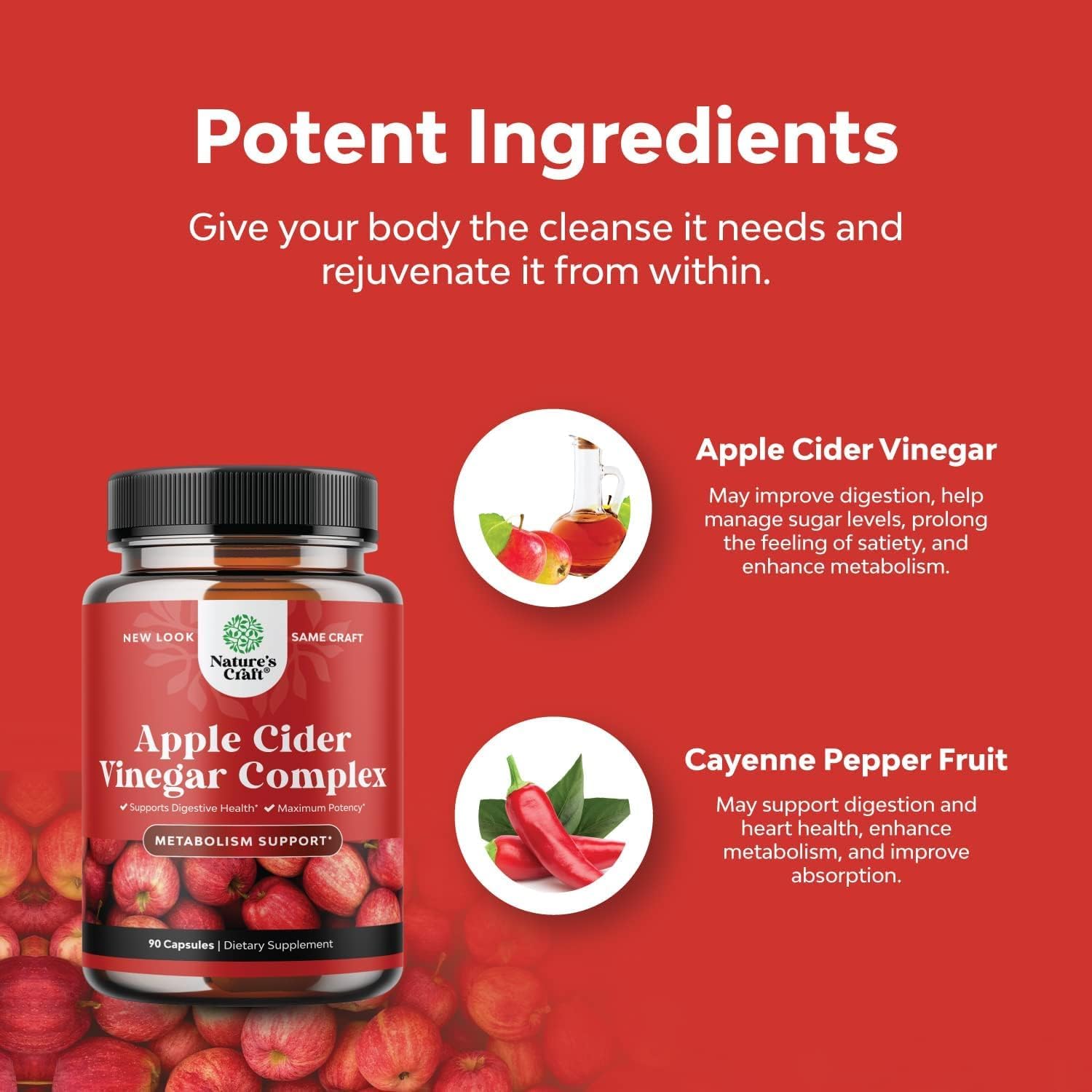 Extra Strength Apple Cider Vinegar Capsules for Gut Cleanse and Full Body Detox - ACV Cleanse and Detox Pills with Cayenne for Digestive Health - Natures Craft (30 Servings)