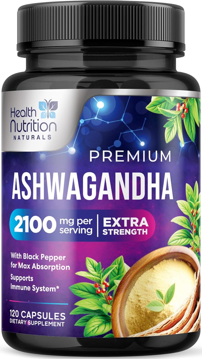 Extra Strength Ashwagandha 2,100mg Capsules with Black Pepper - Energy & Immune Support Formula - Non GMO, Vegan - 120ct