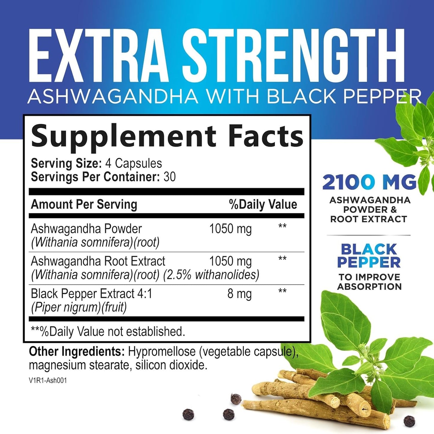 Extra Strength Ashwagandha 2,100mg Capsules with Black Pepper - Energy & Immune Support Formula - Non GMO, Vegan - 120ct
