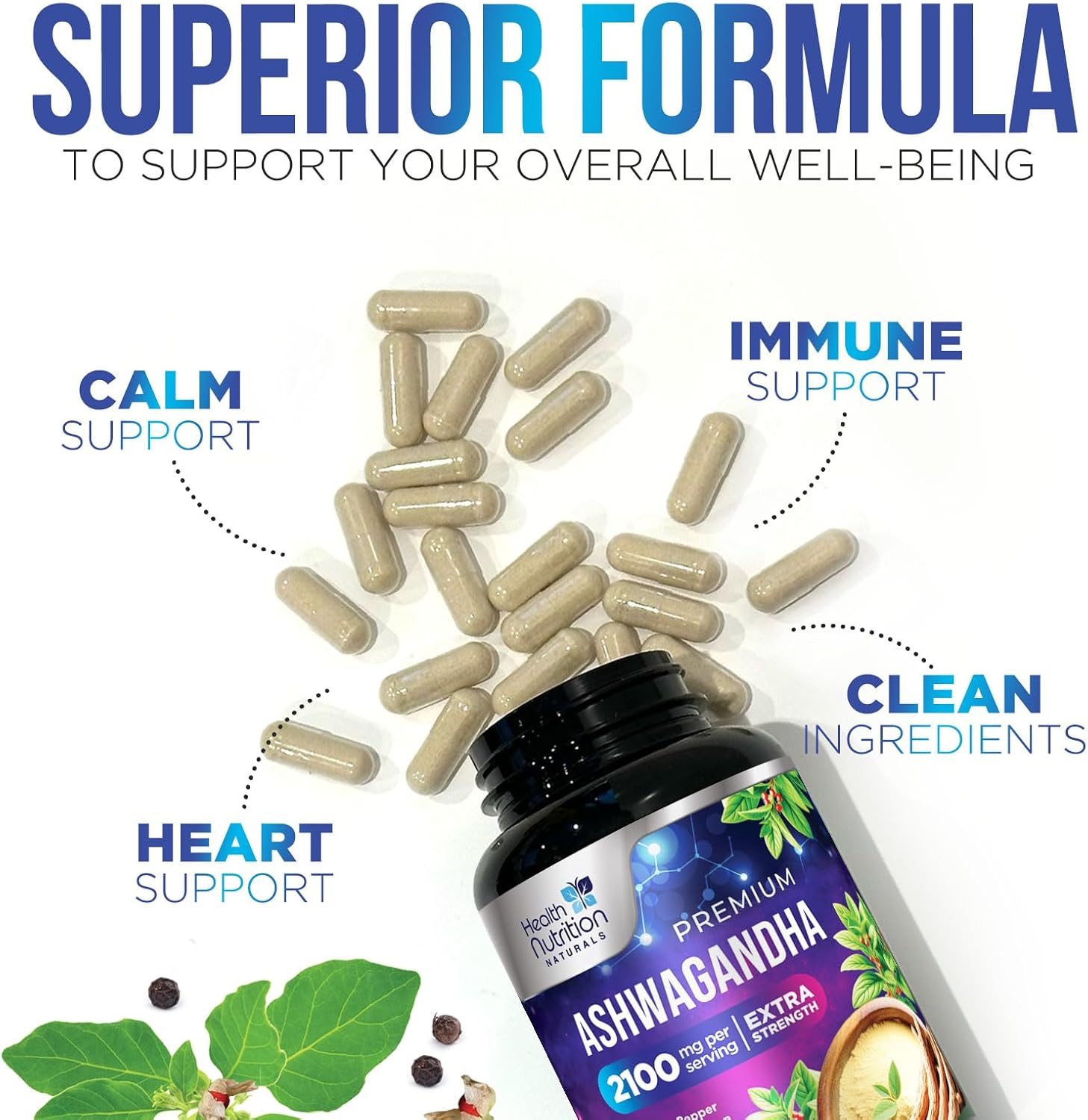 Extra Strength Ashwagandha 2,100mg Capsules with Black Pepper - Energy & Immune Support Formula - Non GMO, Vegan - 120ct