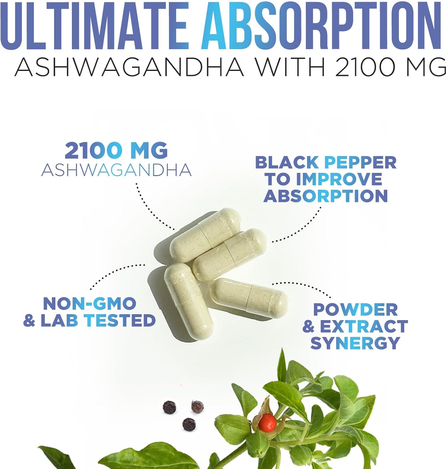 Extra Strength Ashwagandha 2,100mg Capsules with Black Pepper - Energy & Immune Support Formula - Non GMO, Vegan - 120ct
